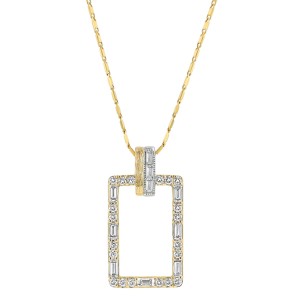 14K Yellow Gold 1.40 carats Baguette and Round Cut Diamonds Large Rectangle Shape Necklace