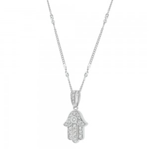 14K White Gold 0.25 carat Diamonds HAMSA HAND Necklace