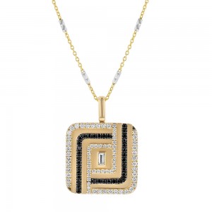 14K Yellow Gold 1.55 carats Black and White Diamonds Square Pendant