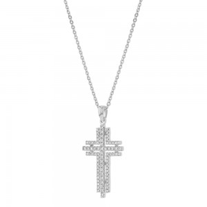 14K White Gold 0.35 carat Diamonds Multi-Row Cross Pendant