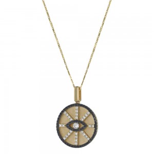 14K Yellow Gold 1.10 carat Black and White Diamonds Evil Eye Disk Pendant