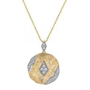 14K Yellow Gold 0.35 carat Diamonds Textured Hammered Round Pendant
