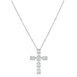 14K White Gold 0.50 carat Baguette and Round Diamonds Cross Pendant
