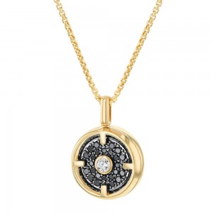 14K Yellow Gold 1.0 carat Black and White Diamonds Round Pendant