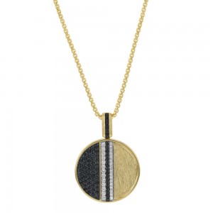 14K Yellow Gold 1.50 carats Black and White Diamonds Disk Pendant