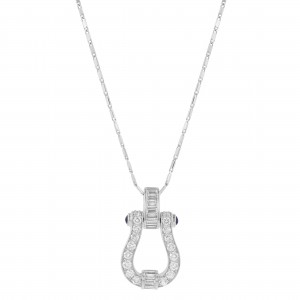 14K White Gold 1.20 carat Baguette and Round Diamonds Horseshoe Pendant