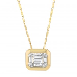 14K Yellow Gold 0.40 carat Baguette and Round Cut Diamonds Rectangle Shape Necklace