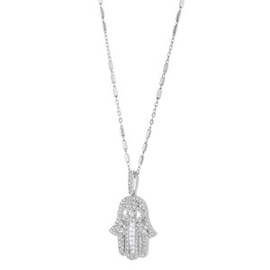 14K White Gold 0.70 carat Baguette and Round Diamonds HAMSA Necklace