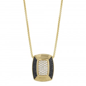 14K Yellow Gold 1.50 carat Black and White Diamonds Textured Cushion Shape Pendant