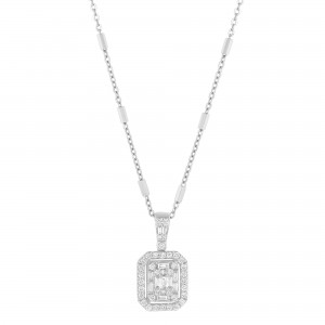 14K White Gold 0.50 carat Princess, Baguette and Round Cut Diamonds Octagon Shape Fusion Necklace