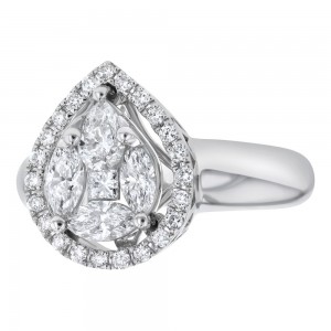 14K White Gold 1.0 carat Fancy Cut Diamonds Pear Shape Halo Ring