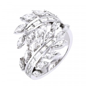 14K White Gold 2.50 carats Fancy Diamonds Bypass Leaf Ring