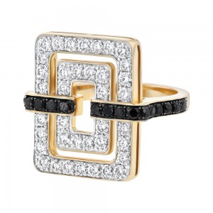 14K Yellow Gold 2 carats Black and White Diamonds Geometric Rectangle Ring