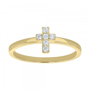 14K Yellow Gold 0.10 carat Diamonds Dainty Cross Band Ring
