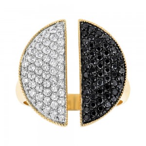 14K Yellow Gold 1 carat Black and White Diamonds Geometric Split Round Ring