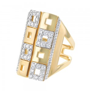 14K Yellow Gold 1.2 carats Diamonds Wide Geometric Ring