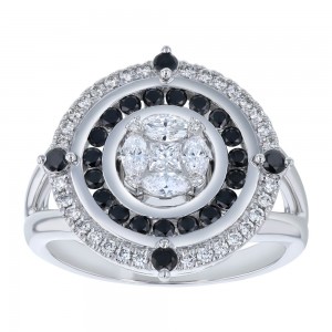 14K White Gold 1 carat Fancy Cut Diamonds Round Shape Double Halo Ring
