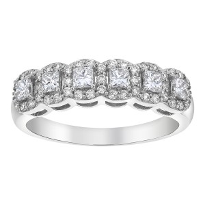 14K White Gold 0.75 carat Princess and Round Diamonds Band Ring
