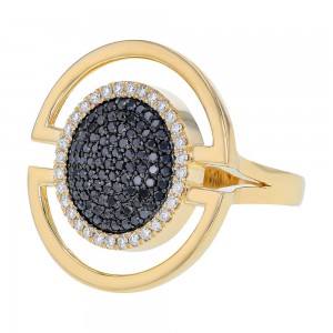 14K Yellow Gold 0.75 carat Black and White Diamonds Geometric Circle Ring