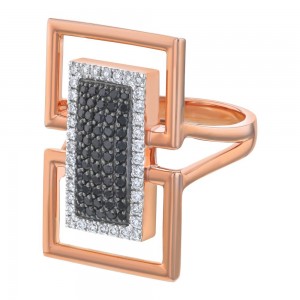 14K Rose Gold 0.75 carat Black and White Diamonds Geometric Rectangle Ring