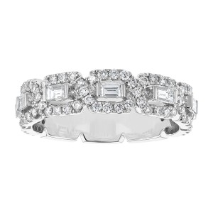 14K White Gold 1.00 carat Baguette and Round Diamonds Semi Eternity Band Ring