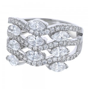 14K White Gold 2.00 carats Fancy Cut Diamonds Multi Row Wave Ring