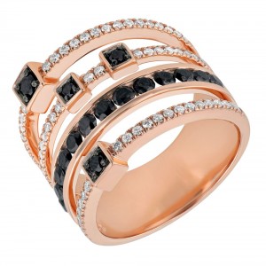 14K Rose Gold 1.25 carat Black and White Round Diamonds Multi-Row Wide Ring