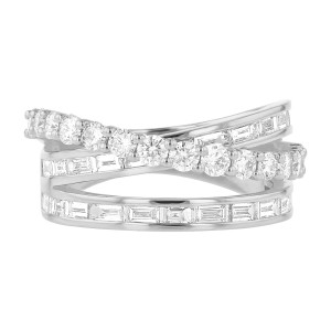14K White Gold 1.70 carat Baguette and Round Diamonds Multi Row Crossover Fashion Ring