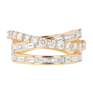 14K Yellow Gold 1.70 carat Baguette and Round Diamonds Multi Row Crossover Fashion Ring