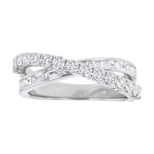 14K White Gold 1.30 carat Baguette and Round Diamonds Multi Row Crossover Fashion Ring