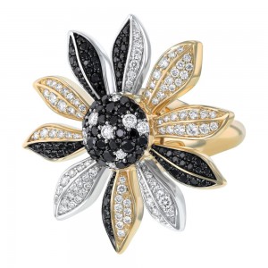 14K Two-Tone Yellow and White Gold 1.5 carat Black and White Diamonds Large Flower Ring
