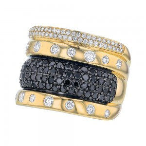 14K Yellow Gold 1.75 carat Black and White Diamonds Wide Multi-Band Ring