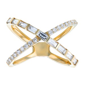 14K Yellow Gold 0.65 carat Baguette and Round Diamonds X Fashion Ring