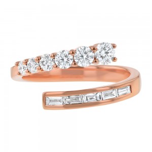 14K Rose Gold 0.75 carat Baguette and Round Bypass Diamonds Ring