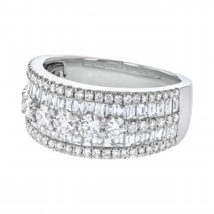 14K White Gold 2.10 carats Baguette and Round Diamonds Wide Band Ring