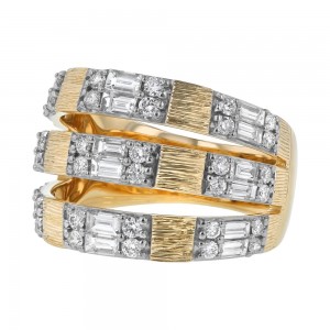 14K Yellow Gold 1.0 carat Baguette and Round Diamonds Three Rows Ring