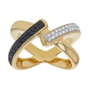 14K Yellow Gold 0.50 carat Black and White Diamonds Crossover Ring