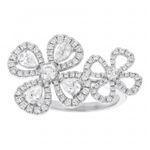 14K White Gold 1.50 carats Pear and Round Diamonds Flowers Duet Ring