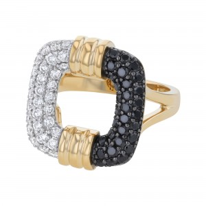 14K Yellow Gold 1.25 carat Black and White Round Diamonds Tube Ring
