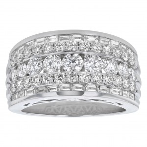 14K White Gold 2.45 carats Baguette and Round Diamonds Wide Band Ring