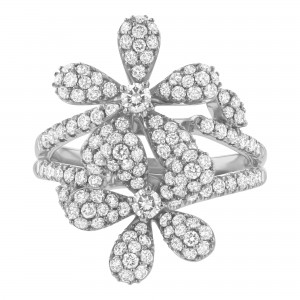 14K White Gold 1.50 carats Round Diamonds Flowers Duet Ring