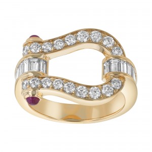 14K Yellow Gold 1.65 carats Baguette and Round Diamonds Wide Horseshoe Ring