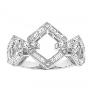 14K White Gold 0.65 carats Baguette and Round Diamonds Geometric Fashion Ring