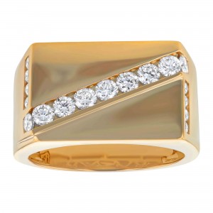 14K Yellow Gold 0.95 carat White Round Diamonds Wide Men Ring