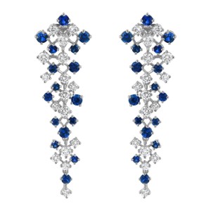 14K White Gold 4.50 carats Diamonds and Blue Sapphires Waterfall Earrings