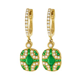 14K Yellow Gold 1.70 carats Diamonds and Green Emeralds Art Deco Earrings