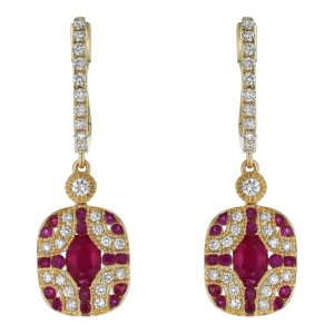 14K Yellow Gold 2.25 carats Diamonds and Red Rubies Art Deco Earrings