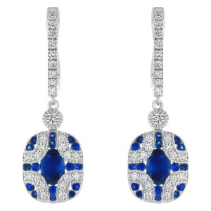 14K White Gold 2.30 carats Diamonds and Blue Sapphires Art Deco Earrings