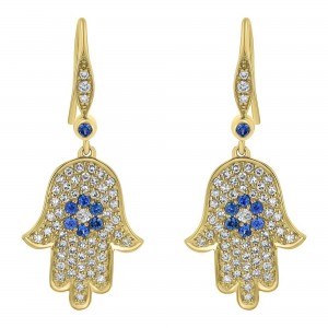14K Yellow Gold 0.85 carats Diamonds and Blue Sapphires Hamsa Earrings