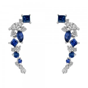 14K White Gold Marquise and Round Diamonds and Blue Sapphires Ear Climber Earrings